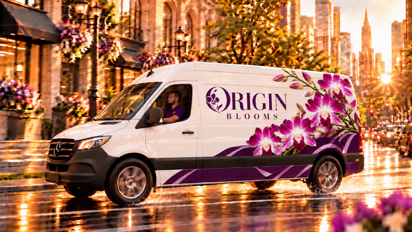 Concept image of an Origin Blooms branded orchid delivery van