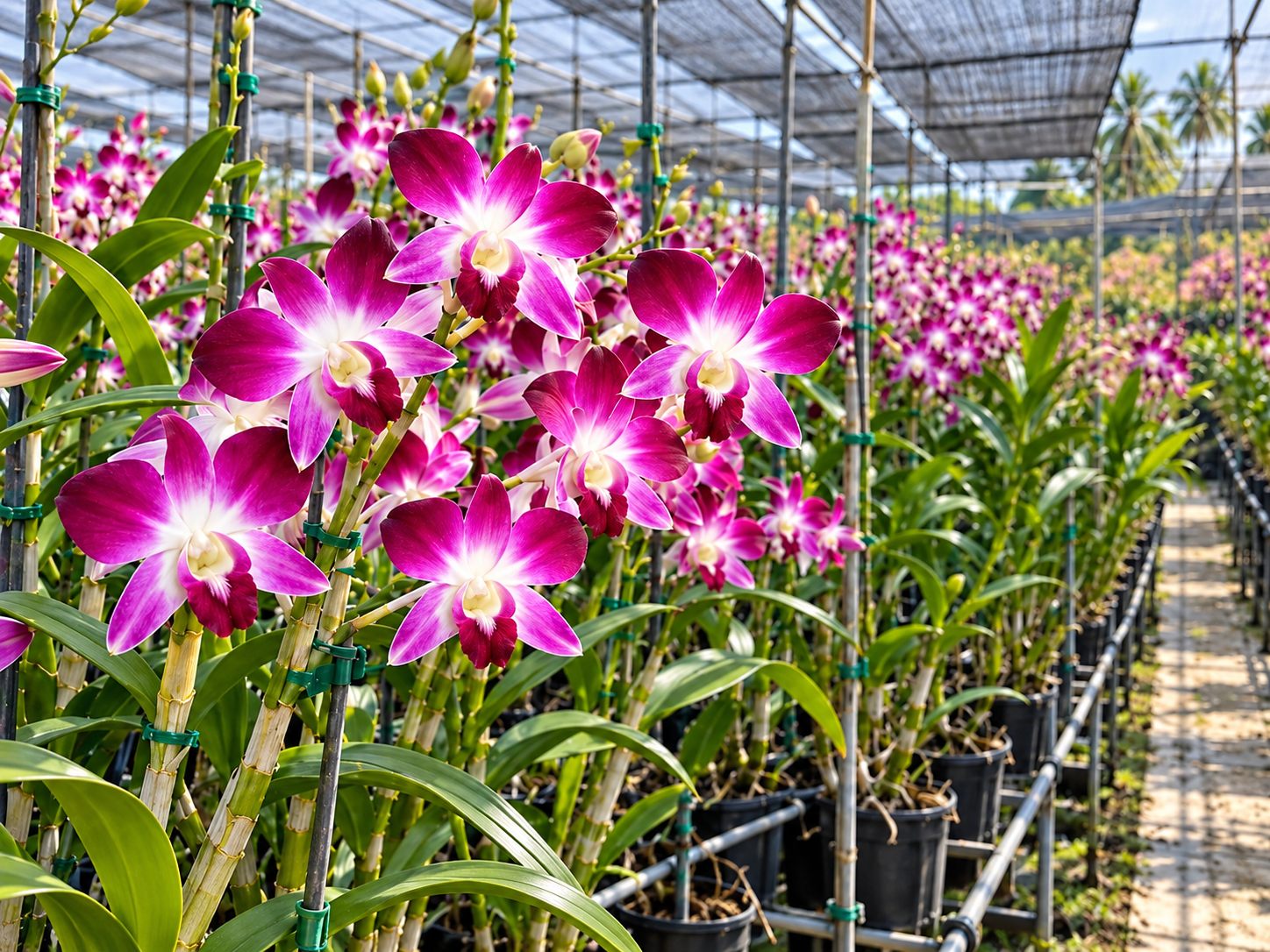 Thai orchid growers preparing fresh-cut Dendrobium orchids
